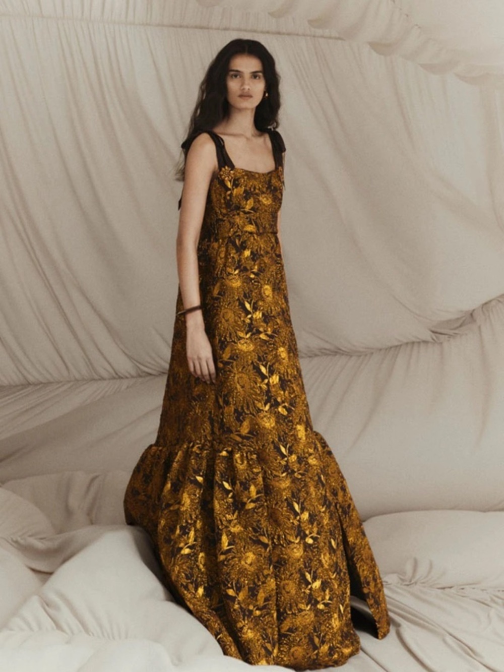Lela Rose Sunflower Jacquard Flounce Hem Gown